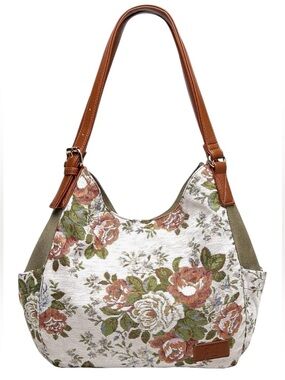 Floral Canvas Shoulder Bag with Brown Handles